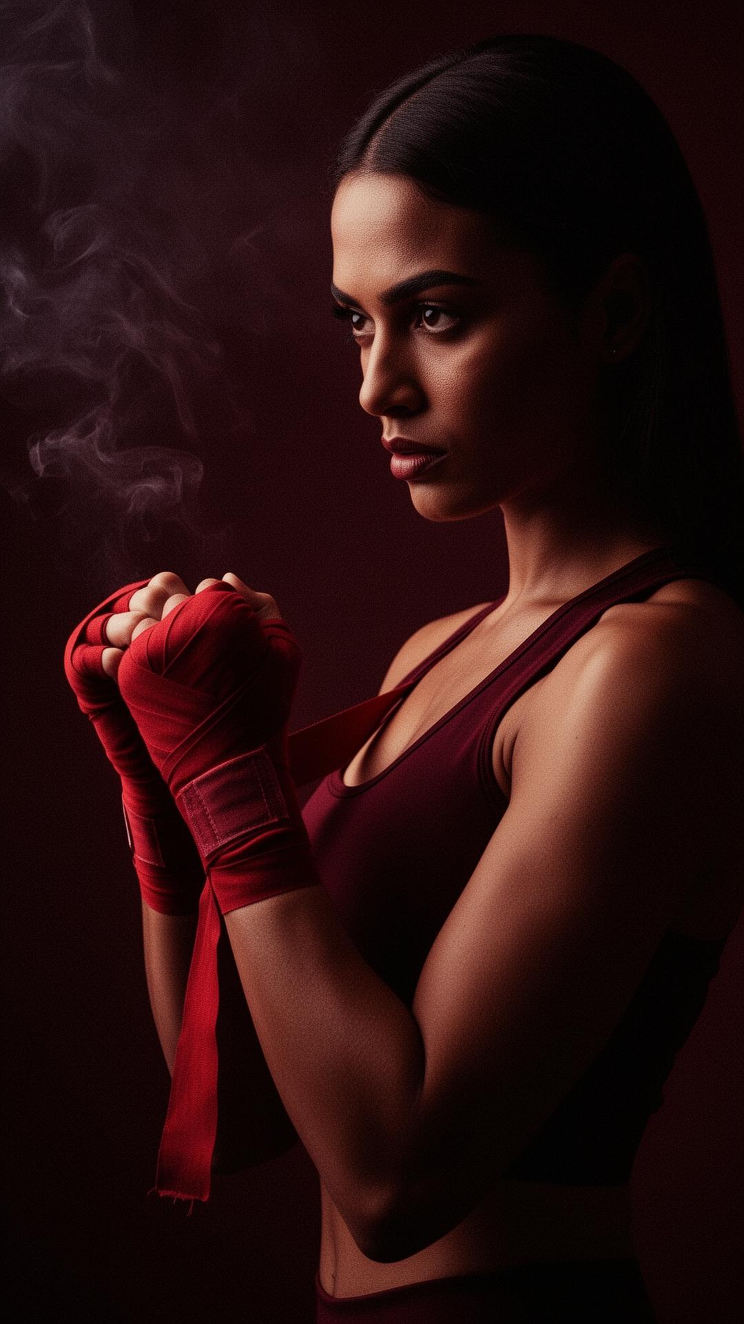 Woman wrapping her hands with red boxing tape in dramatic light